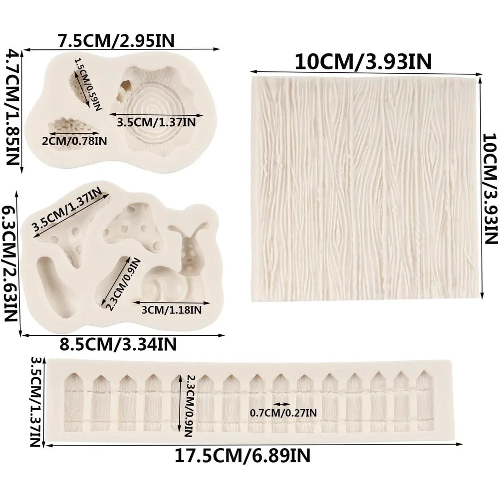 FCKEMLDS 4pc Fairy Garden Silicone Molds Wood Grain Fence Mushroom Tree Stump
